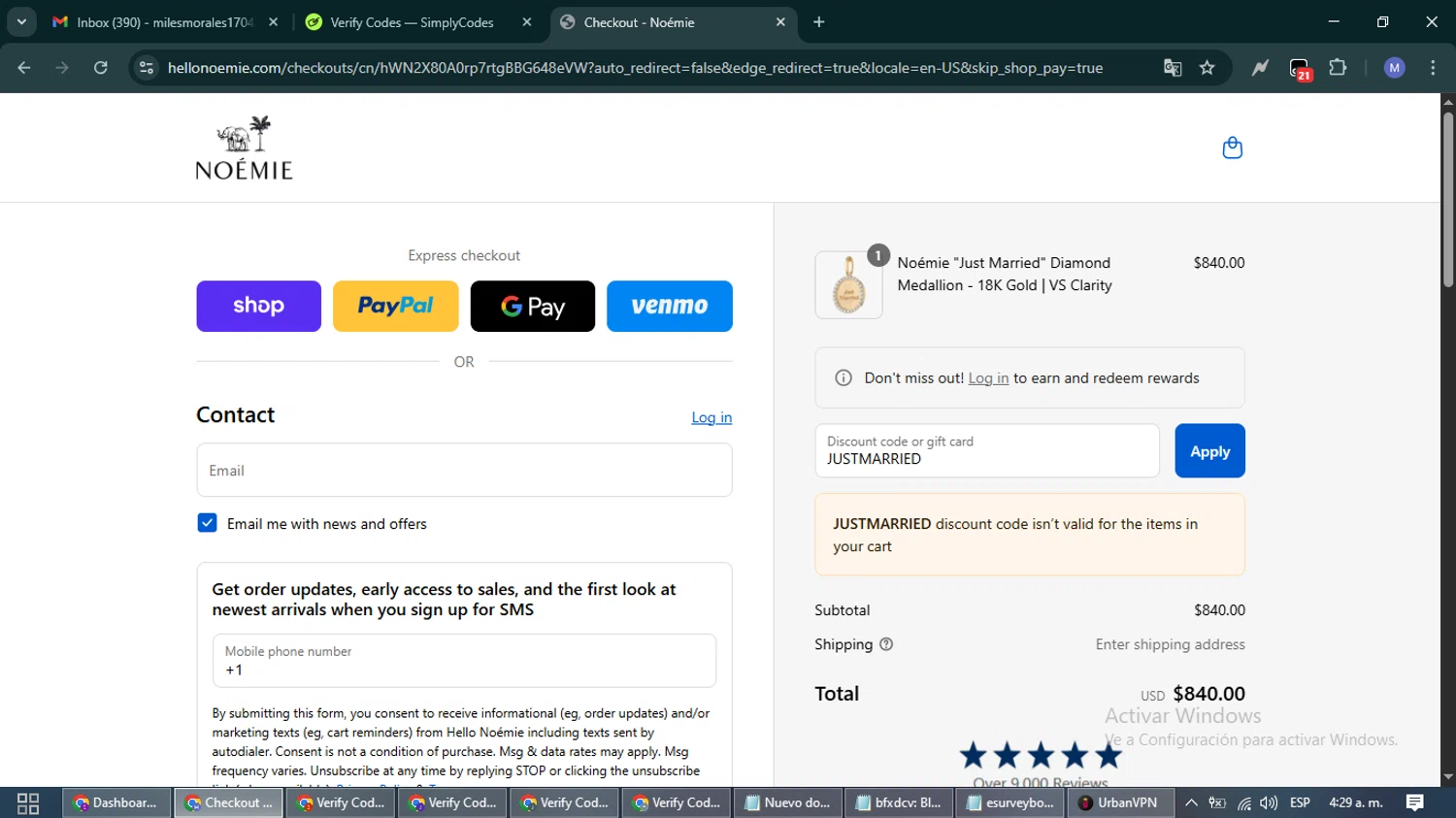 Noémie promo code screenshot showing code JUSTMARRIED applied at Noémie checkout page. Uploaded by SimplyCodes community member PrimeFox5260 on Sep 3, 2025