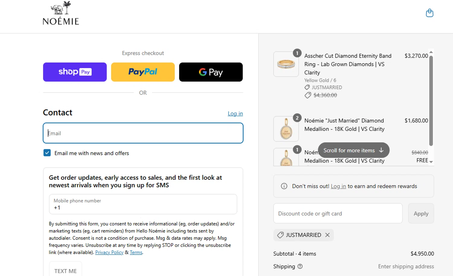 Noémie promo code screenshot showing code JUSTMARRIED applied at Noémie checkout page. Uploaded by SimplyCodes community member yeresojperez on Jul 30, 2025