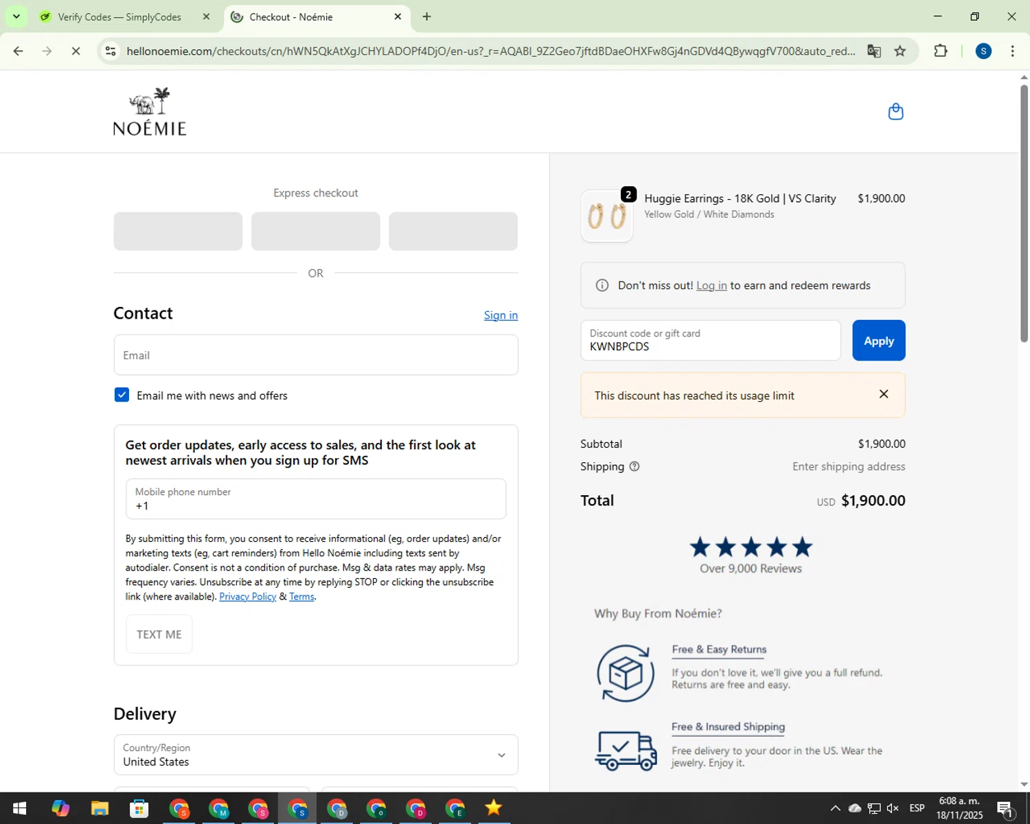 Noémie promo code screenshot showing code KWNBPCDS applied at Noémie checkout page. Uploaded by SimplyCodes community member 00000007 on Nov 18, 2025