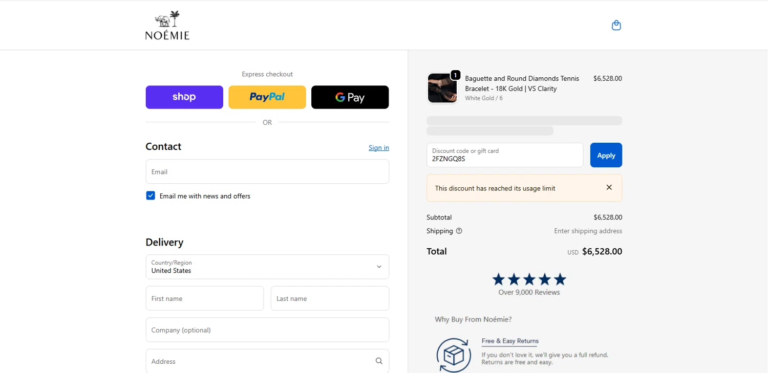 Noémie promo code screenshot showing code 2FZNGQ8S applied at Noémie checkout page. Uploaded by SimplyCodes community member MagnifiHero3476 on Nov 23, 2025