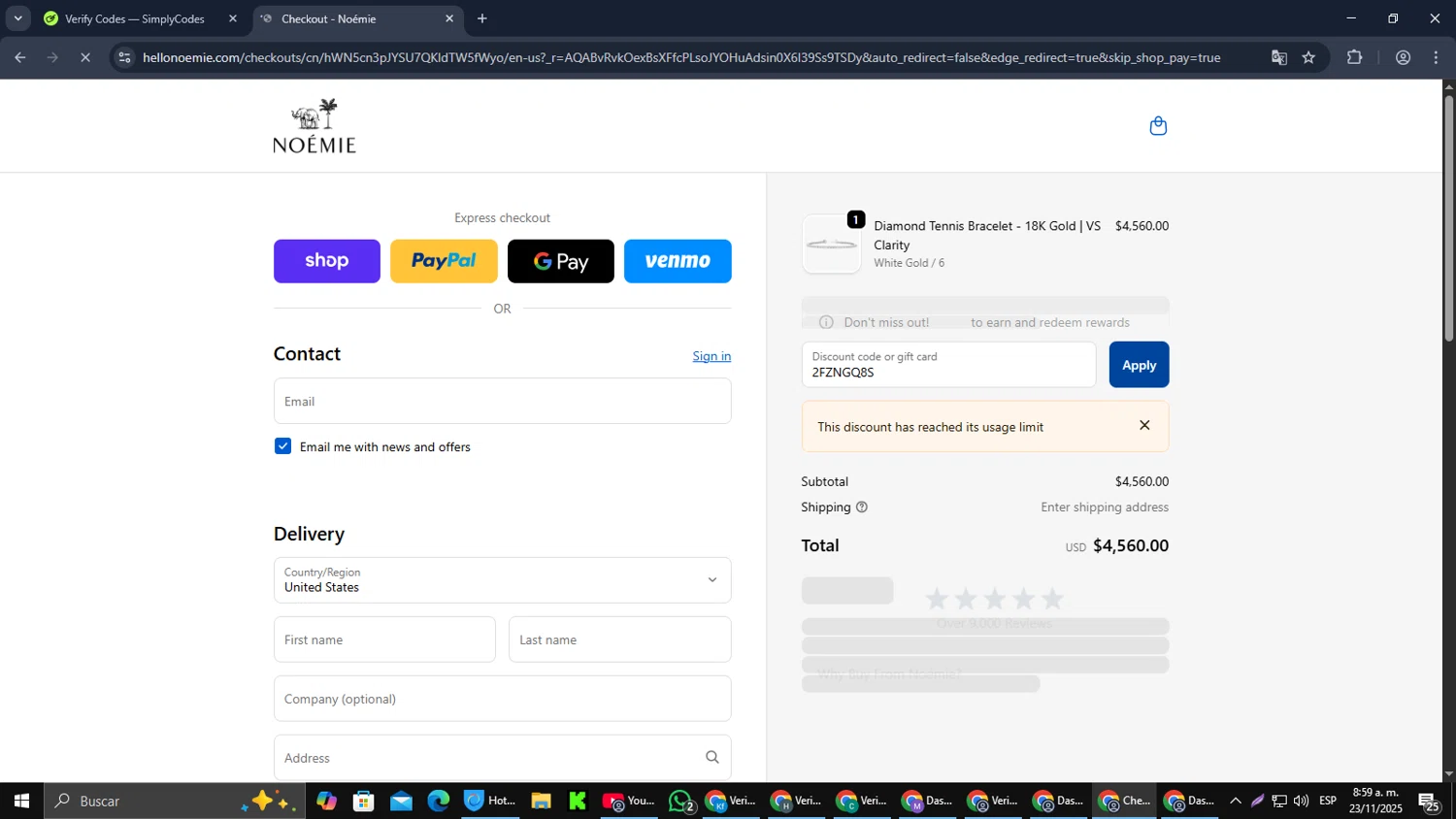 Noémie promo code screenshot showing code 2FZNGQ8S applied at Noémie checkout page. Uploaded by SimplyCodes community member RebateCaptain6440 on Nov 23, 2025