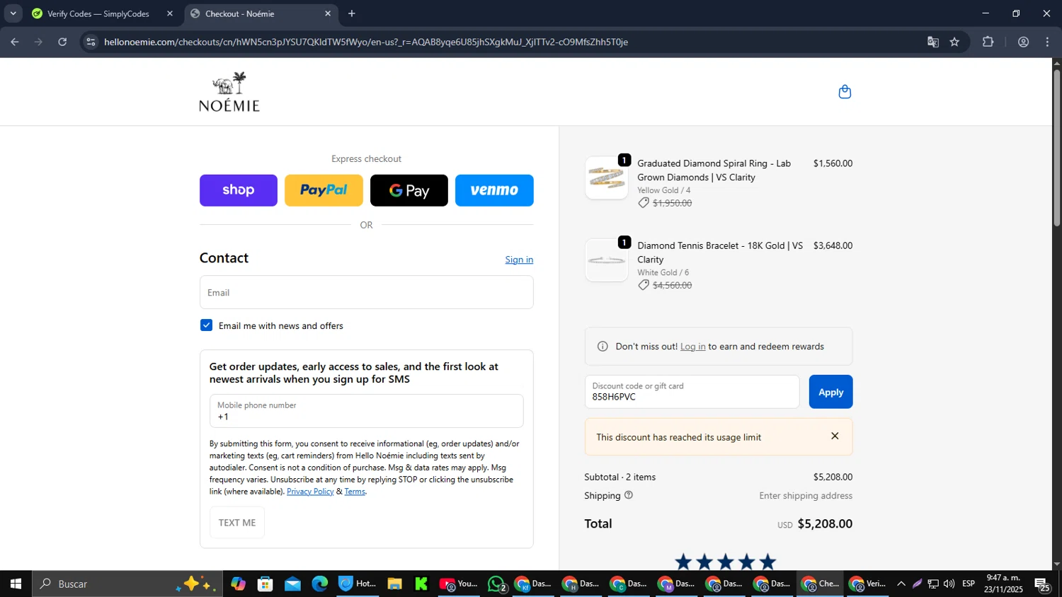 Noémie promo code screenshot showing code 858H6PVC applied at Noémie checkout page. Uploaded by SimplyCodes community member RebateCaptain6440 on Nov 23, 2025