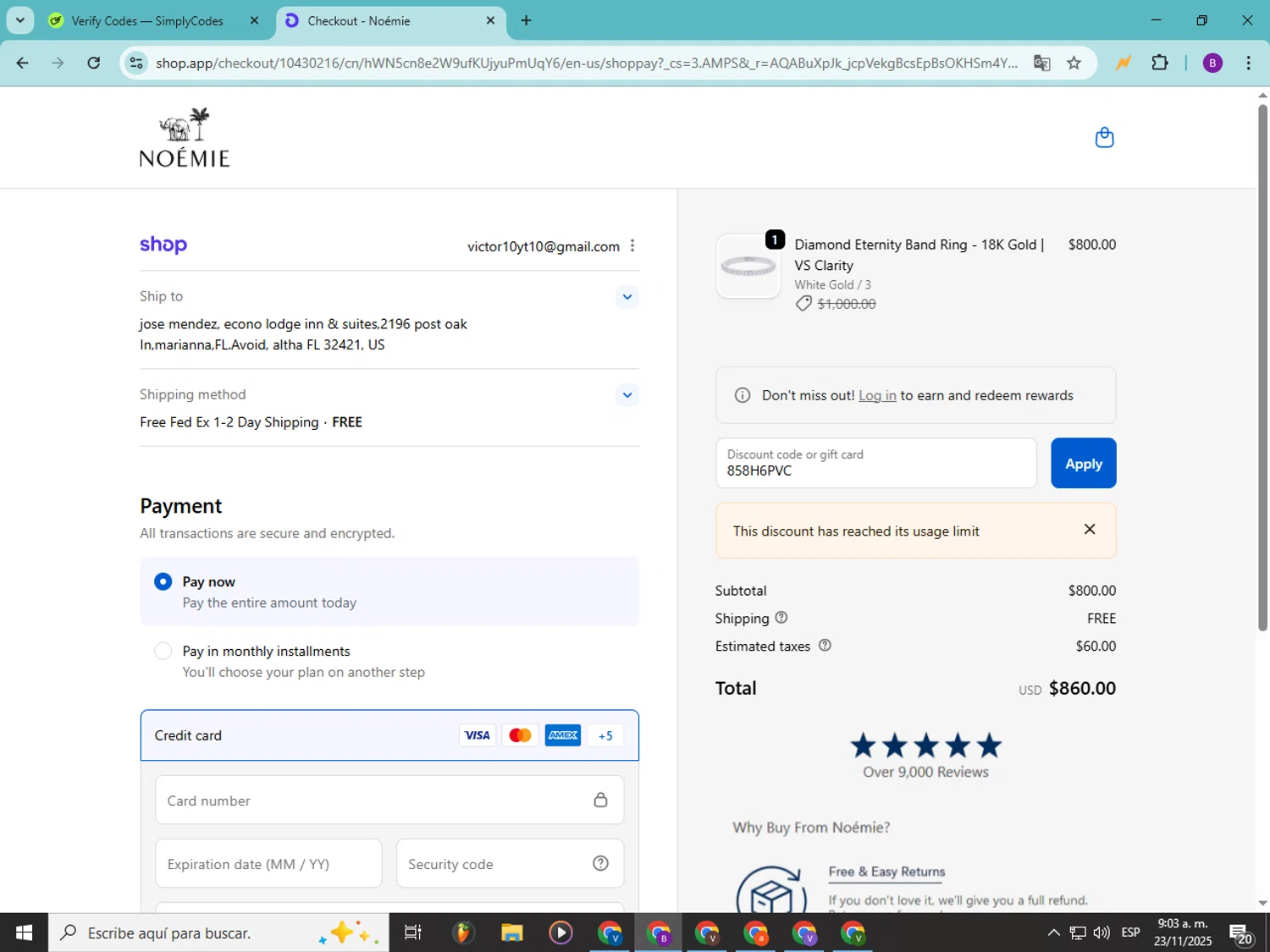 Noémie promo code screenshot showing code 858H6PVC applied at Noémie checkout page. Uploaded by SimplyCodes community member Soyvictor on Nov 23, 2025