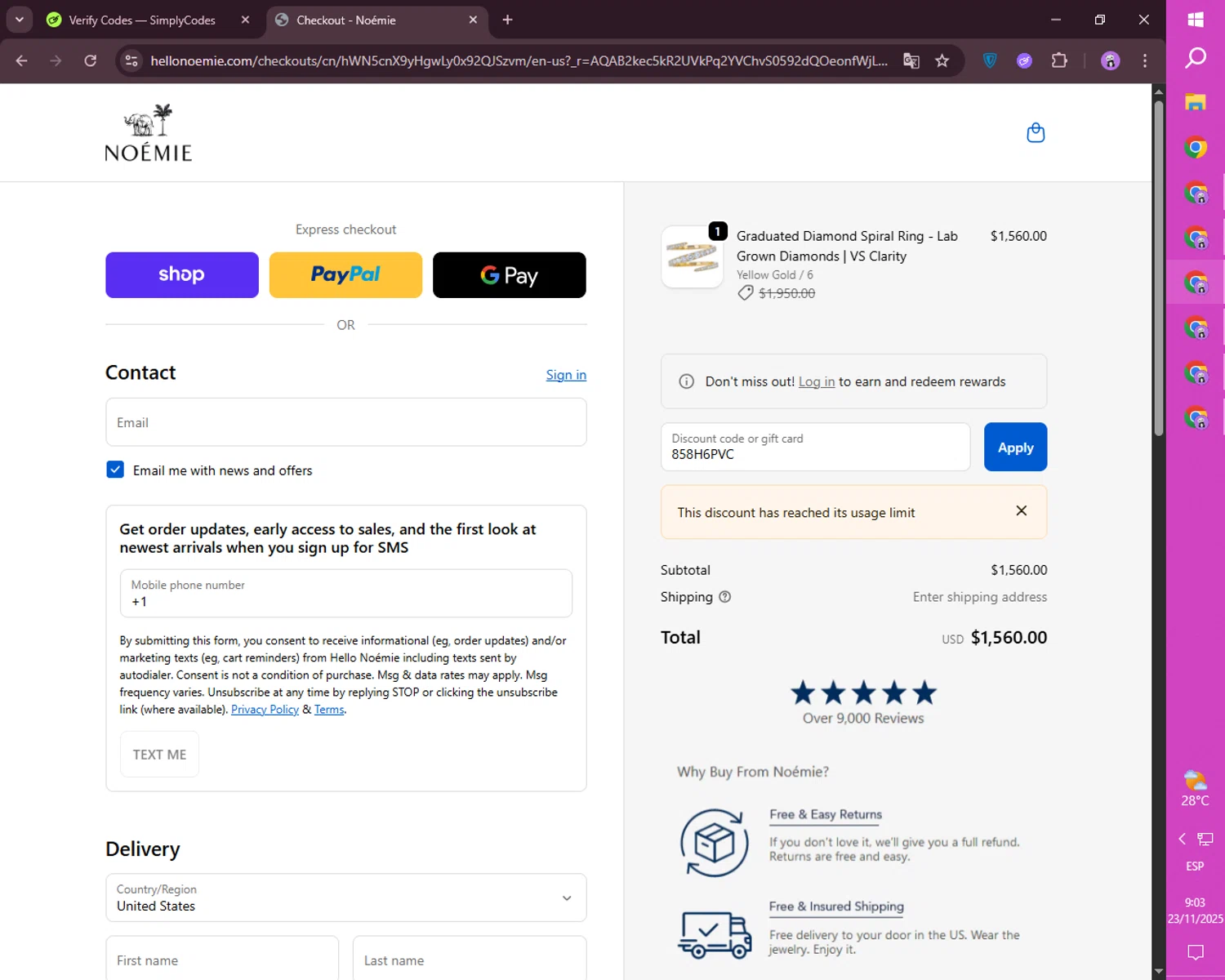 Noémie promo code screenshot showing code 858H6PVC applied at Noémie checkout page. Uploaded by SimplyCodes community member mileSalima on Nov 23, 2025
