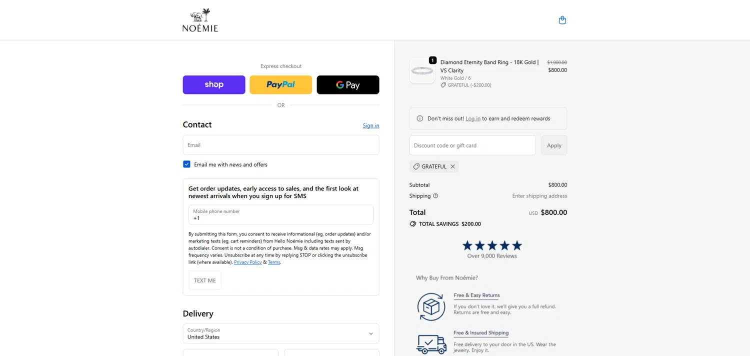 Noémie promo code screenshot showing code GRATEFUL applied at Noémie checkout page. Uploaded by SimplyCodes community member ivantorres on Dec 19, 2025