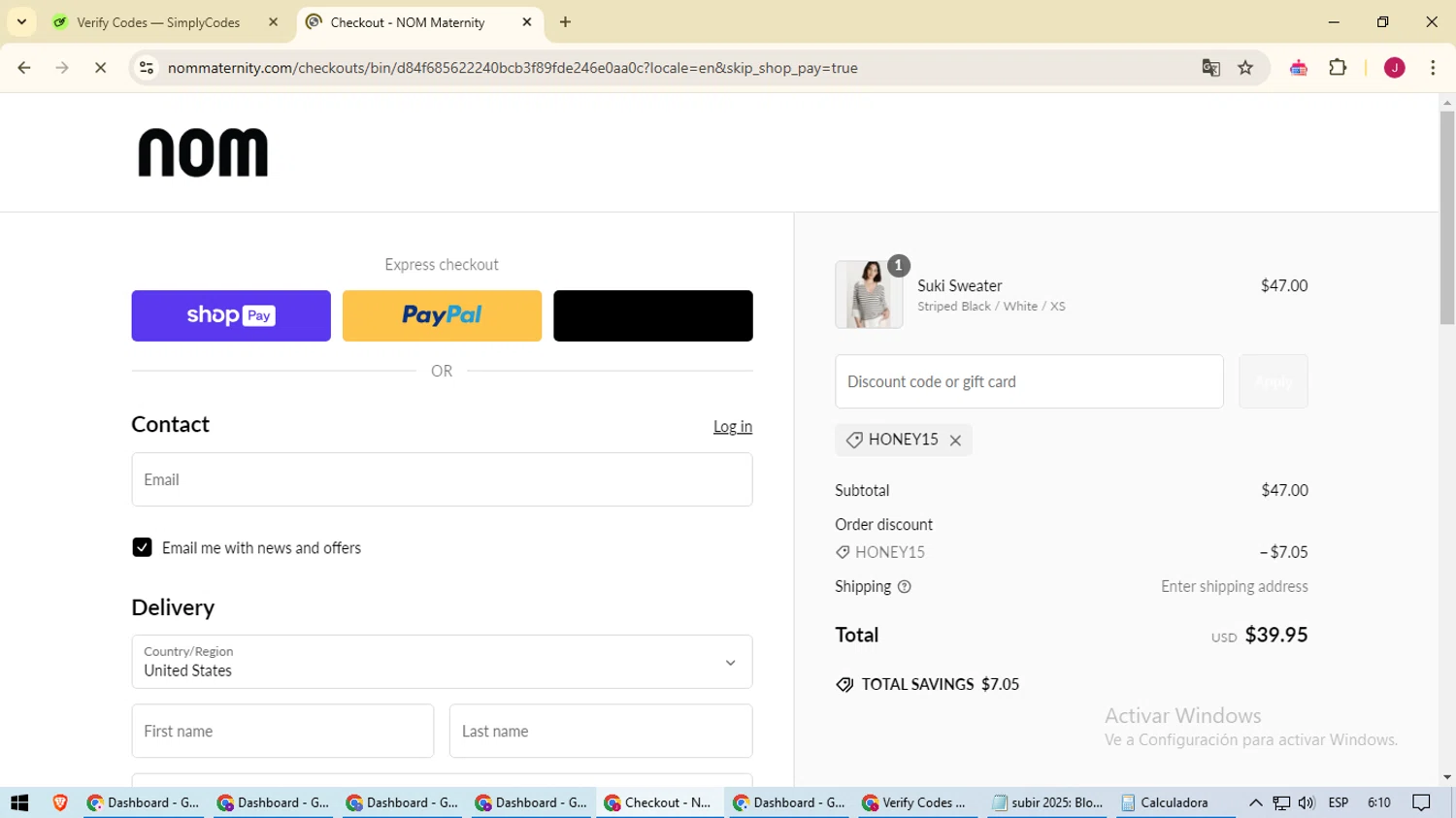 NOM Maternity coupon code screenshot showing code honey15 applied at NOM Maternity checkout page. Uploaded by SimplyCodes community member CashAce3869 on Feb 6, 2025
