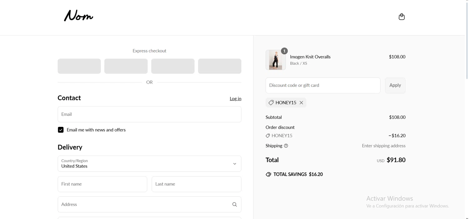 NOM Maternity coupon code screenshot showing code honey15 applied at NOM Maternity checkout page. Uploaded by SimplyCodes community member comepingas on May 11, 2025