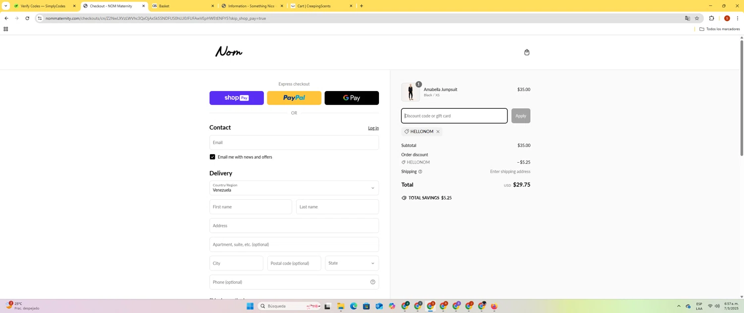 NOM Maternity coupon code screenshot showing code HELLONOM applied at NOM Maternity checkout page. Uploaded by SimplyCodes community member LegendaryBoss2307 on Mar 7, 2025