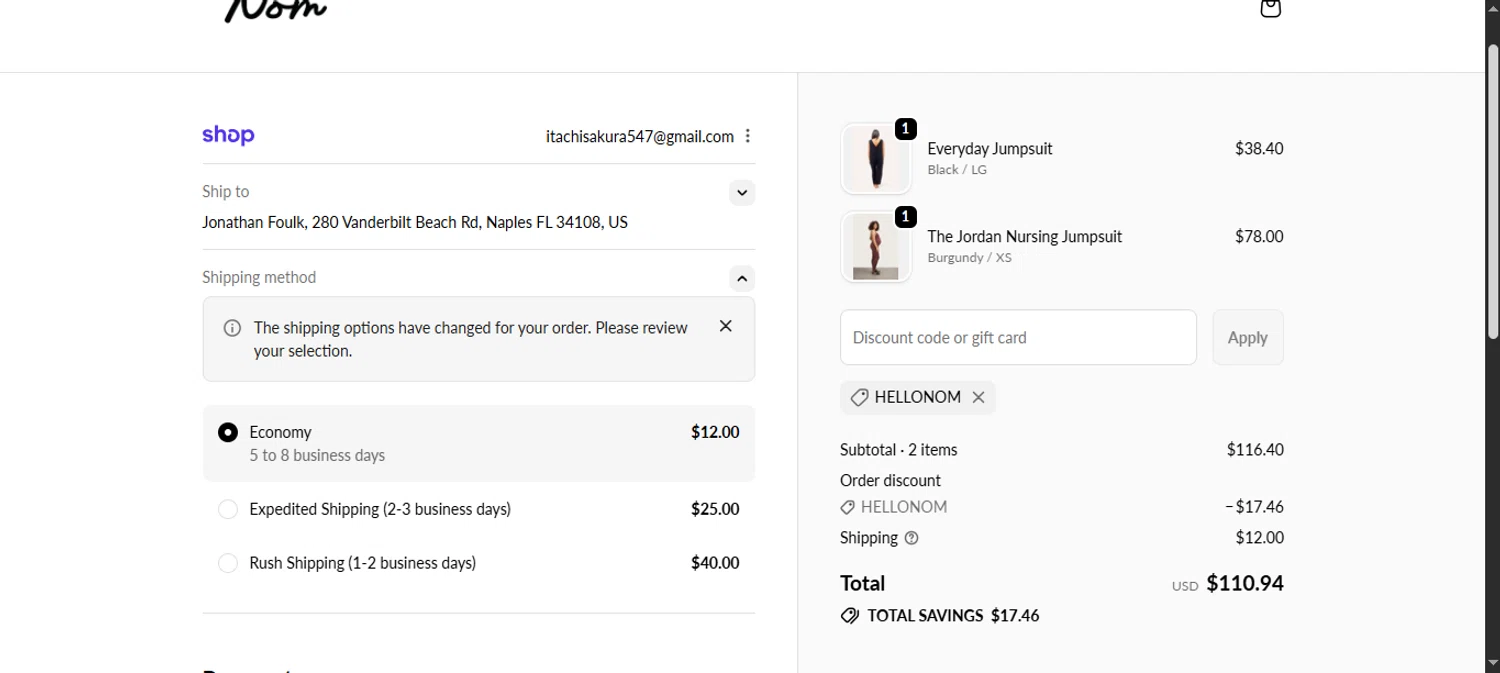 NOM Maternity coupon code screenshot showing code HELLONOM applied at NOM Maternity checkout page. Uploaded by SimplyCodes community member noworries on Oct 30, 2025