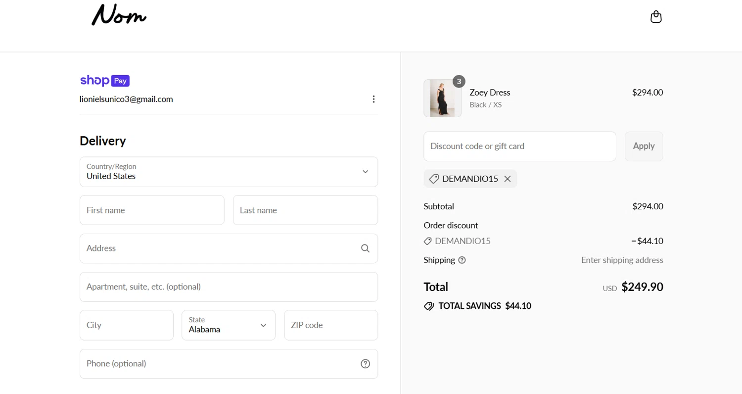 NOM Maternity coupon code screenshot showing code DEMANDIO15 applied at NOM Maternity checkout page. Uploaded by SimplyCodes community member Lioniel on Jul 13, 2025