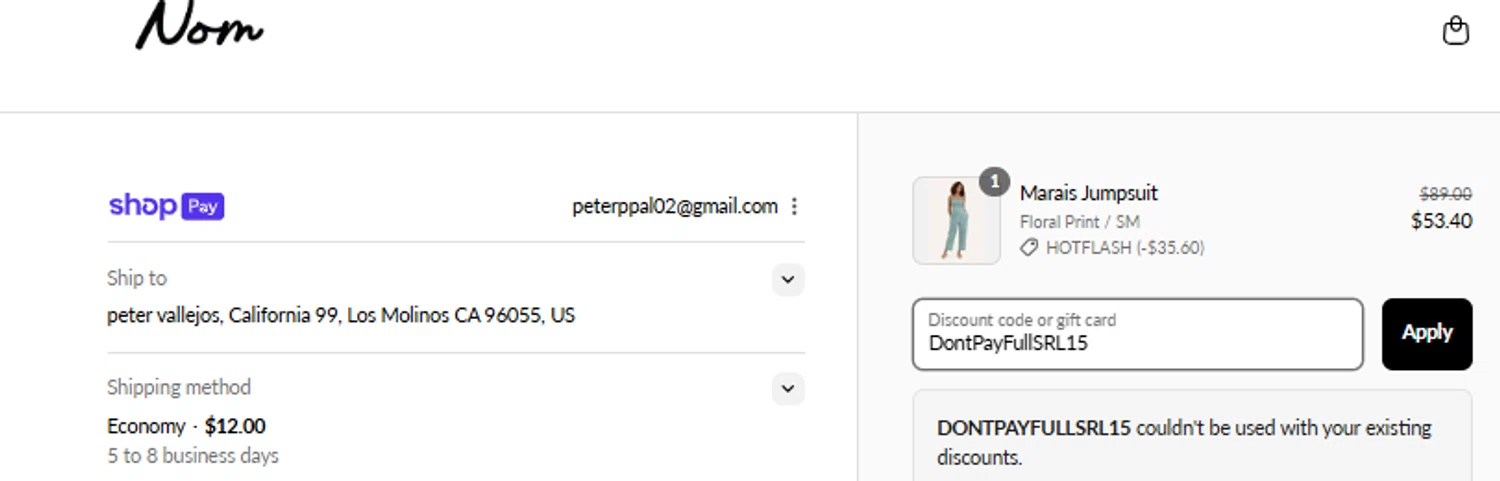 NOM Maternity coupon code screenshot showing code DontPayFullSRL15 applied at NOM Maternity checkout page. Uploaded by SimplyCodes community member ricardoramirez1 on Aug 14, 2025