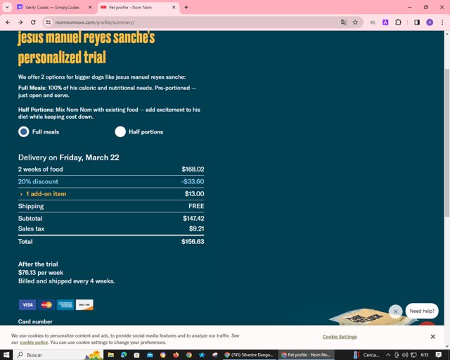 NomNomNow checkout page showing NomNomNow promo code box | Screenshot taken by SimplyCodes community member on Mar 13, 2024