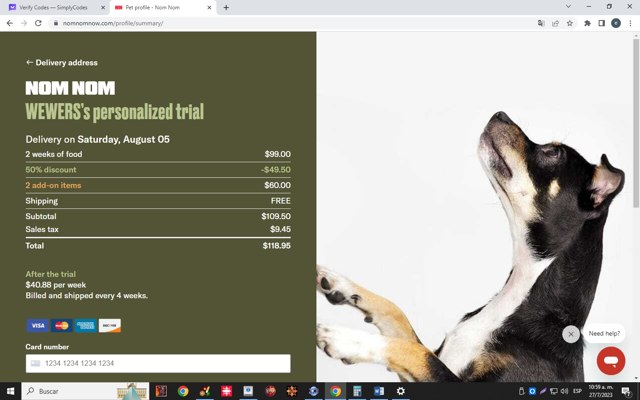 NomNomNow checkout page showing NomNomNow promo code box | Screenshot taken by SimplyCodes community member on Jul 27, 2023