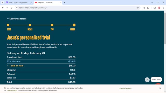 NomNomNow checkout page showing NomNomNow promo code box | Screenshot taken by SimplyCodes community member on Feb 19, 2024