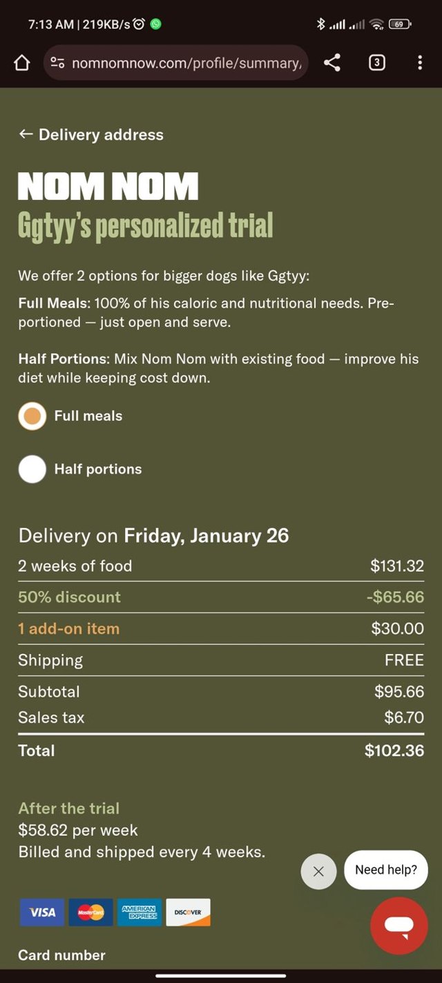NomNomNow checkout page showing NomNomNow promo code box | Screenshot taken by SimplyCodes community member on Jan 21, 2024