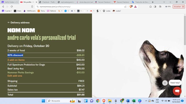 NomNomNow checkout page showing NomNomNow promo code box | Screenshot taken by SimplyCodes community member on Oct 16, 2023