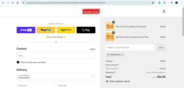 Nona Lim checkout page showing Nona Lim discount code box | Screenshot taken by SimplyCodes community member on Jul 20, 2024
