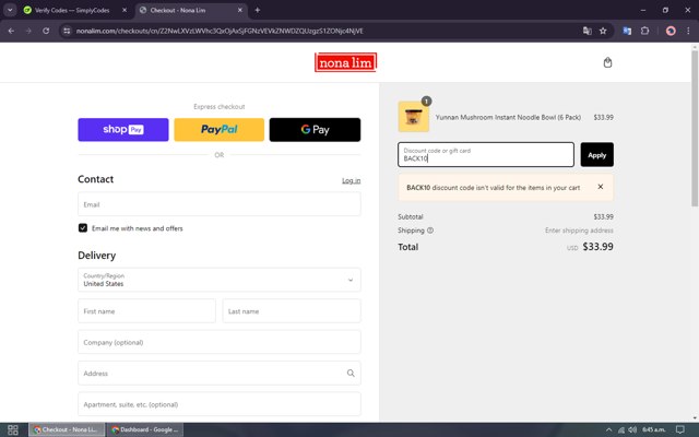 Nona Lim checkout page showing Nona Lim discount code box | Screenshot taken by SimplyCodes community member on Jun 28, 2024
