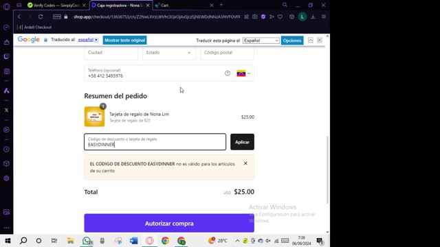 Nona Lim checkout page showing Nona Lim discount code box | Screenshot taken by SimplyCodes community member on Sep 6, 2024