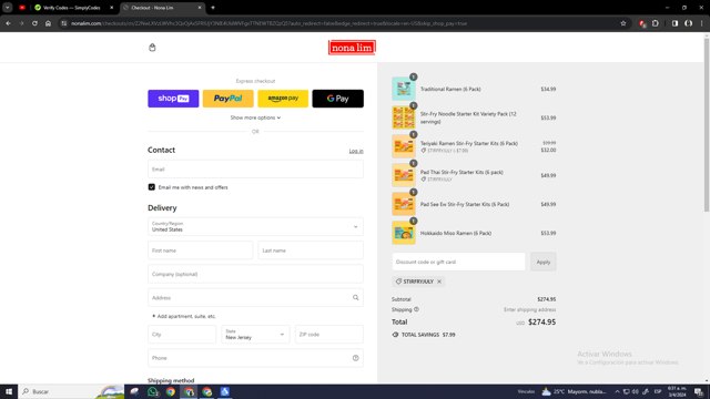 Nona Lim checkout page showing Nona Lim discount code box | Screenshot taken by SimplyCodes community member on Apr 3, 2024