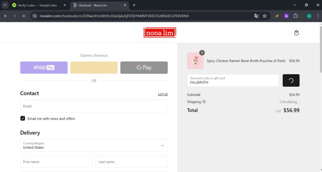 Nona Lim checkout page showing Nona Lim discount code box | Screenshot taken by SimplyCodes community member on Jun 27, 2024