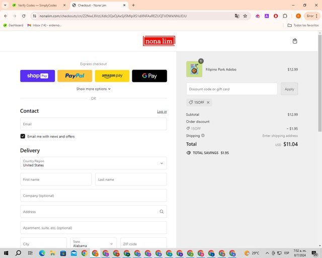 Nona Lim checkout page showing Nona Lim discount code box | Screenshot taken by SimplyCodes community member on Jul 8, 2024