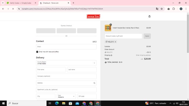 Nona Lim checkout page showing Nona Lim discount code box | Screenshot taken by SimplyCodes community member on Jul 8, 2024