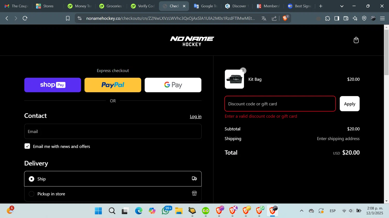 No Name Hockey promo code screenshot showing code FREESHIP applied at No Name Hockey checkout page. Uploaded by SimplyCodes community member QuestFinder8736 on Mar 12, 2025