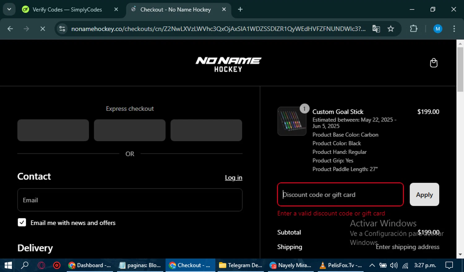 No Name Hockey promo code screenshot showing code FREESHIP applied at No Name Hockey checkout page. Uploaded by SimplyCodes community member eliholuiscampos1 on Mar 12, 2025