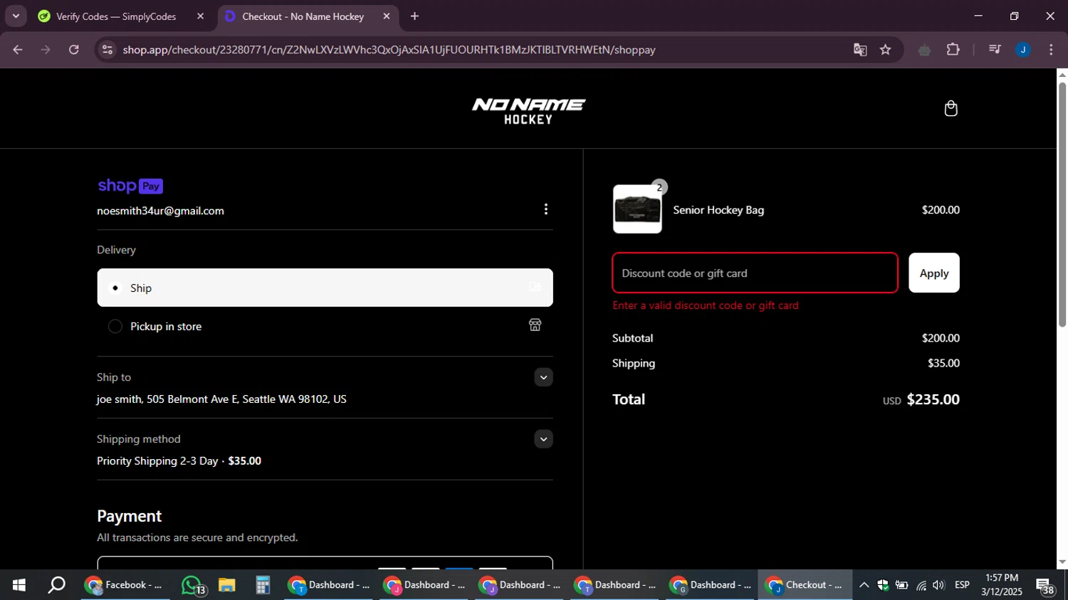 No Name Hockey promo code screenshot showing code FREESHIP applied at No Name Hockey checkout page. Uploaded by SimplyCodes community member noesmith34ur on Mar 12, 2025