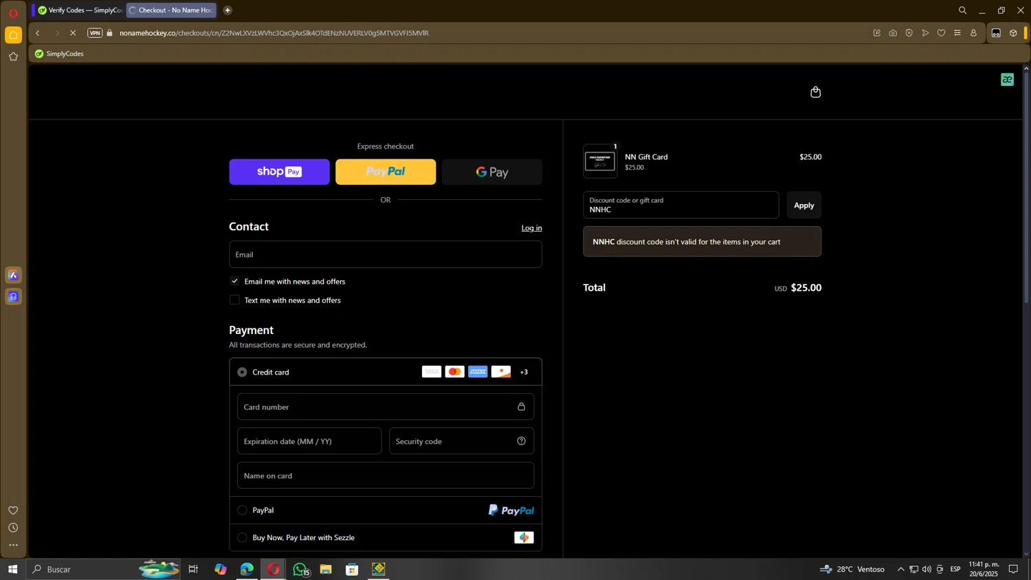 No Name Hockey promo code screenshot showing code NNHC applied at No Name Hockey checkout page. Uploaded by SimplyCodes community member KingGhidorah on Jun 21, 2025