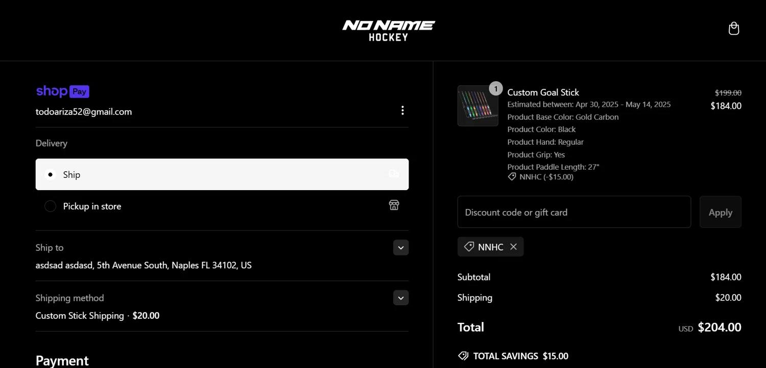 No Name Hockey promo code screenshot showing code NNHC applied at No Name Hockey checkout page. Uploaded by SimplyCodes community member Rei_Chikita_uwu on Feb 4, 2025