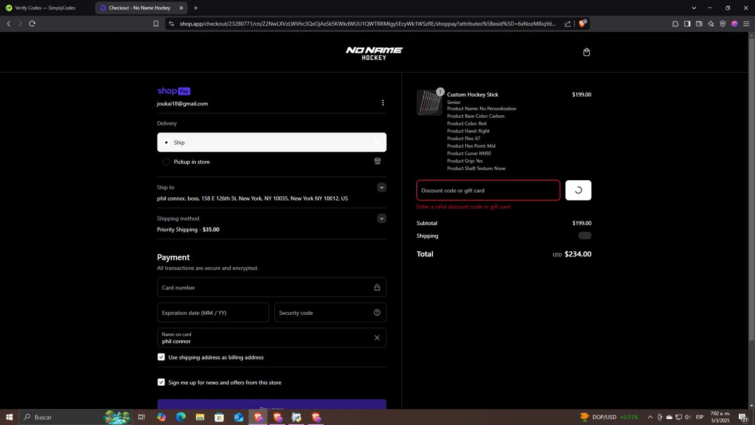 No Name Hockey promo code screenshot showing code HABS10 applied at No Name Hockey checkout page. Uploaded by SimplyCodes community member CocuydePenca on Mar 5, 2025