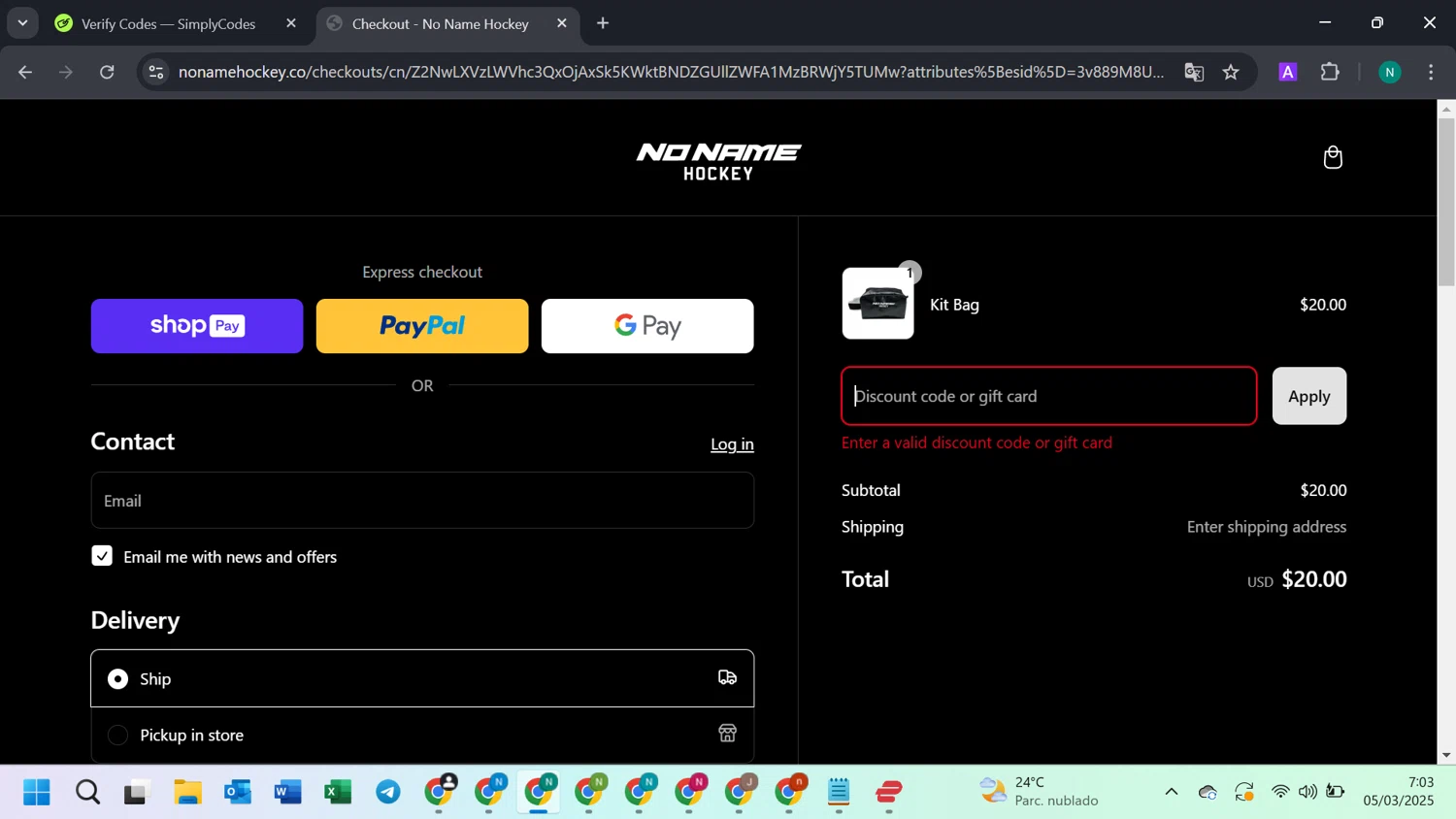 No Name Hockey promo code screenshot showing code HABS10 applied at No Name Hockey checkout page. Uploaded by SimplyCodes community member ExtraordinaryWizard2377 on Mar 5, 2025