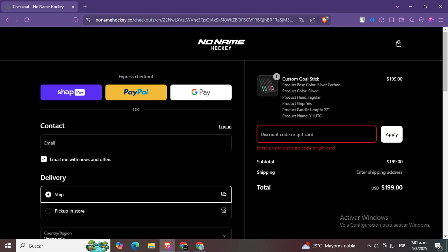 No Name Hockey promo code screenshot showing code HABS10 applied at No Name Hockey checkout page. Uploaded by SimplyCodes community member LegendaryPro7106 on Mar 5, 2025