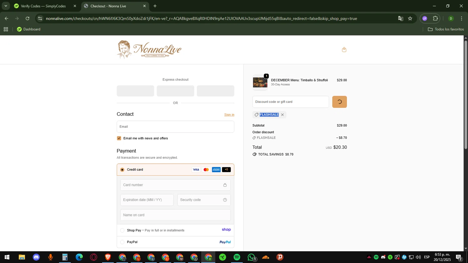 NonnaLive promo code screenshot showing code FLASHSALE applied at NonnaLive checkout page. Uploaded by SimplyCodes community member Daemon06 on Dec 20, 2025