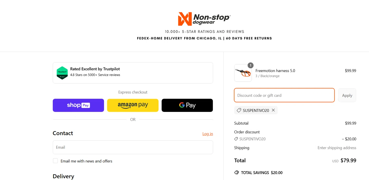 Non-stop dogwear promo code screenshot showing code suspentivo20 applied at Non-stop dogwear checkout page. Uploaded by SimplyCodes community member Draken on Apr 11, 2025