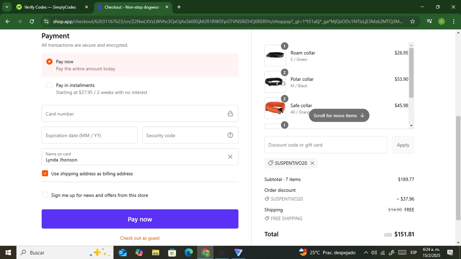 Non-stop dogwear promo code screenshot showing code suspentivo20 applied at Non-stop dogwear checkout page. Uploaded by SimplyCodes community member coromotopalmar on Feb 15, 2025