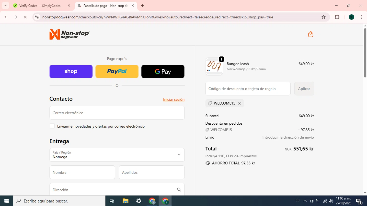 Non-stop dogwear promo code screenshot showing code WELCOME15 applied at Non-stop dogwear checkout page. Uploaded by SimplyCodes community member Esteban14 on Oct 25, 2025