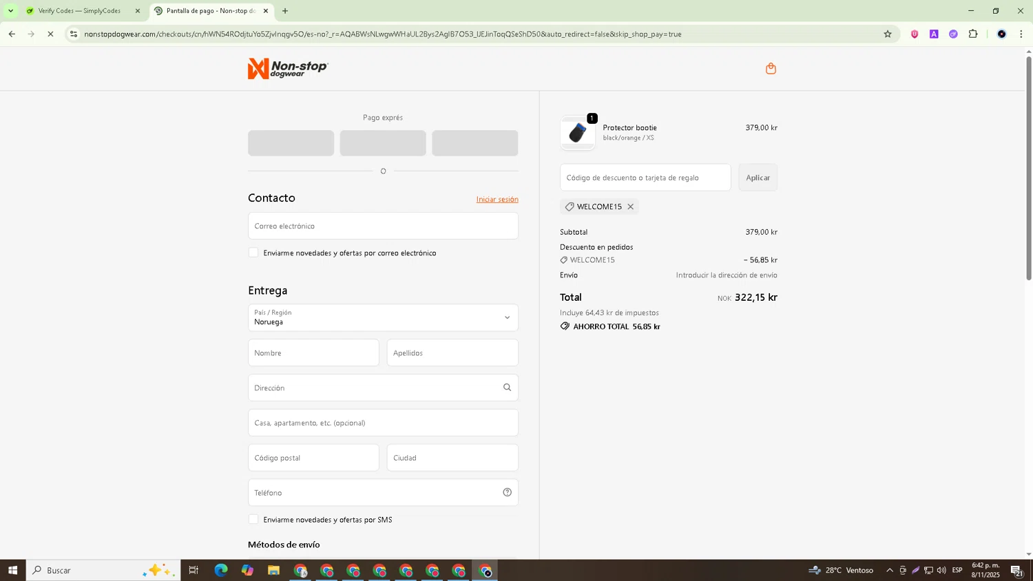 Non-stop dogwear promo code screenshot showing code WELCOME15 applied at Non-stop dogwear checkout page. Uploaded by SimplyCodes community member GoldRanger7074 on Nov 8, 2025