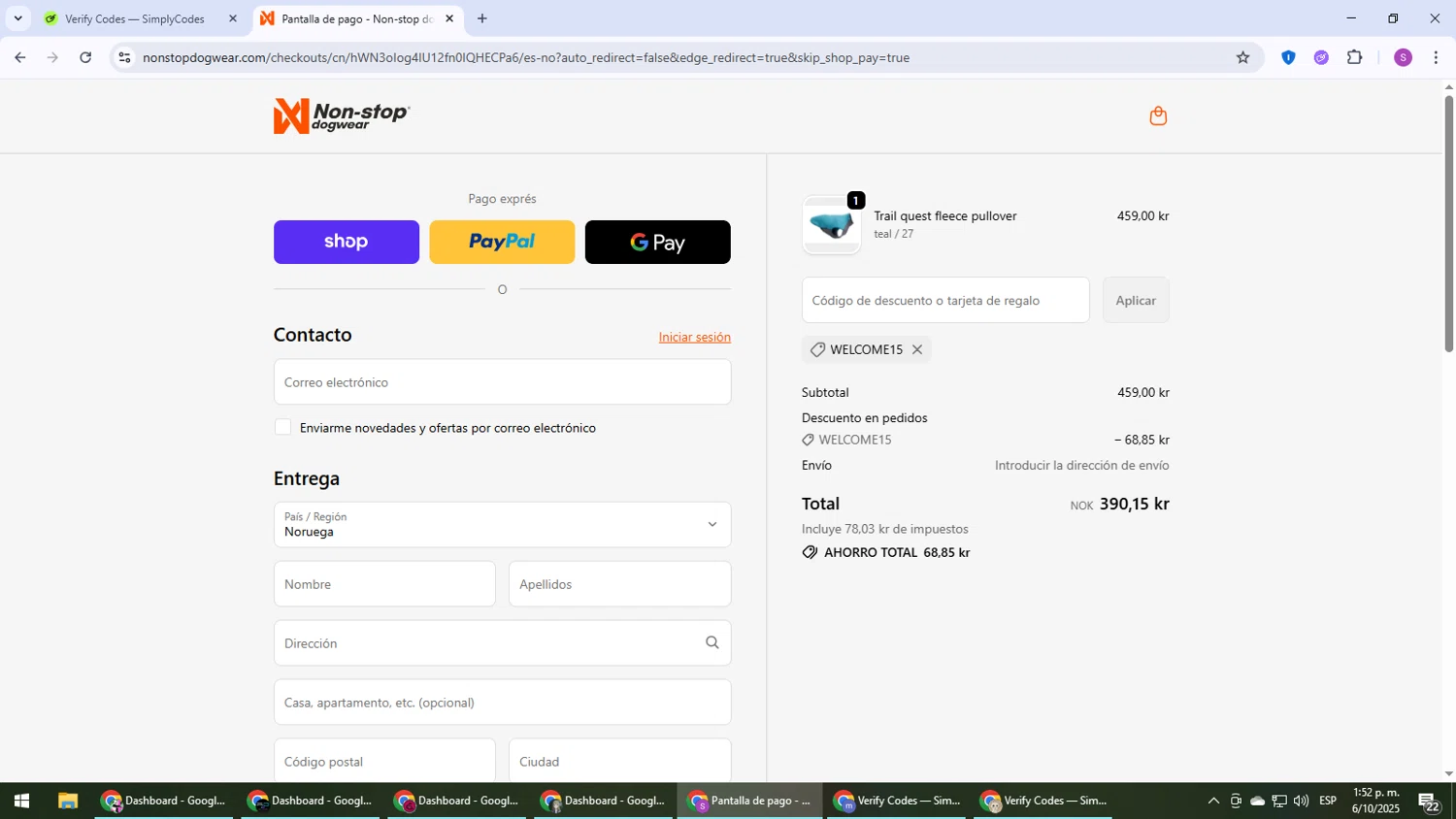 Non-stop dogwear promo code screenshot showing code WELCOME15 applied at Non-stop dogwear checkout page. Uploaded by SimplyCodes community member Son_Goku on Oct 6, 2025