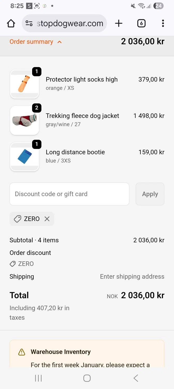 Non-stop dogwear promo code screenshot showing code Zero applied at Non-stop dogwear checkout page. Uploaded by SimplyCodes community member KarinaHZ on Dec 22, 2025