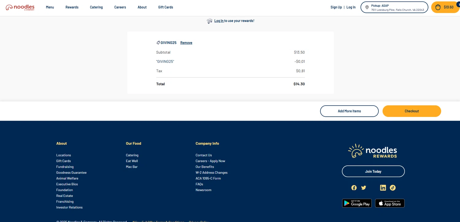 Noodles & Company coupon code screenshot showing code GIVING25 applied at Noodles & Company checkout page. Uploaded by SimplyCodes community member Elosox1 on Oct 8, 2025