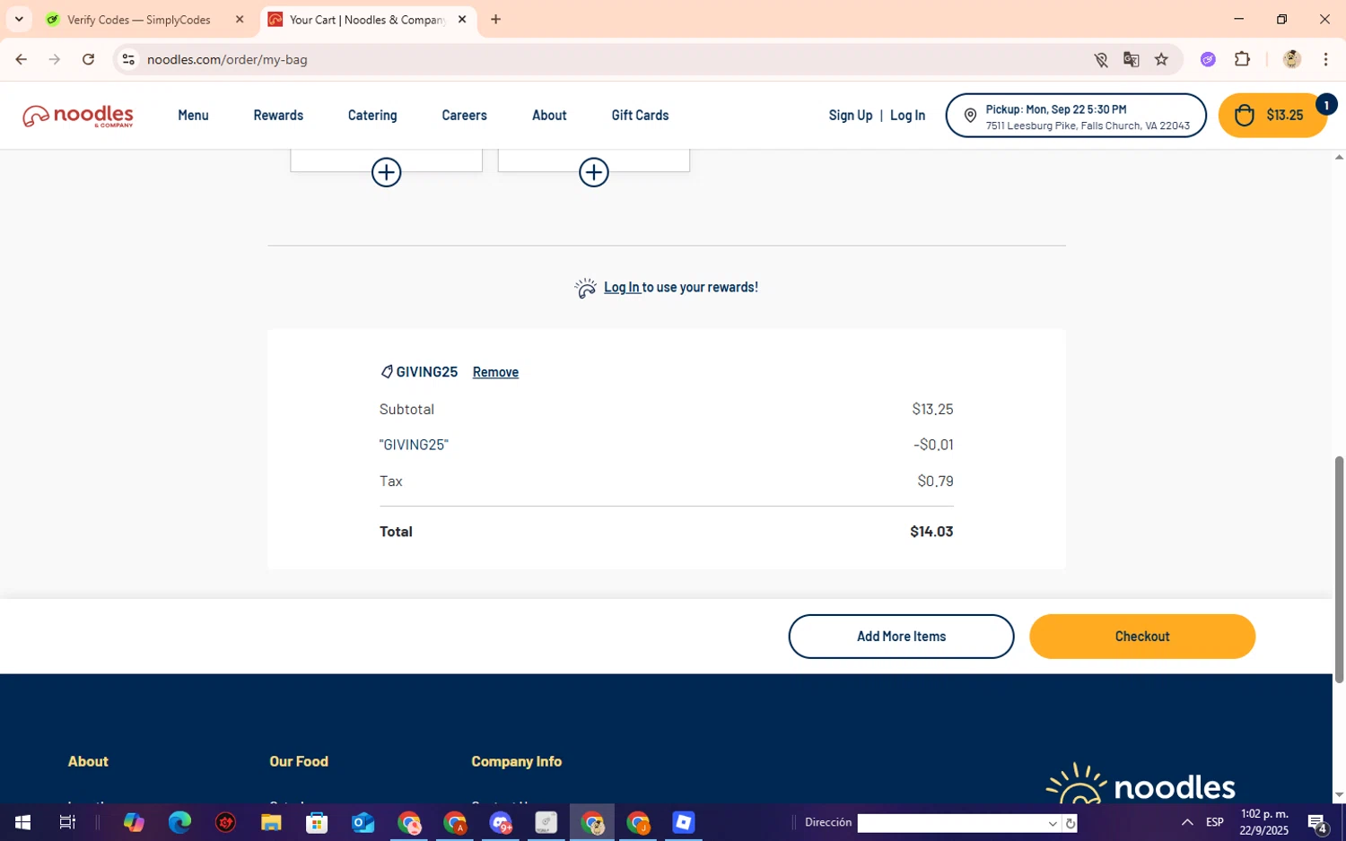 Noodles & Company coupon code screenshot showing code GIVING25 applied at Noodles & Company checkout page. Uploaded by SimplyCodes community member Lilithh on Sep 22, 2025
