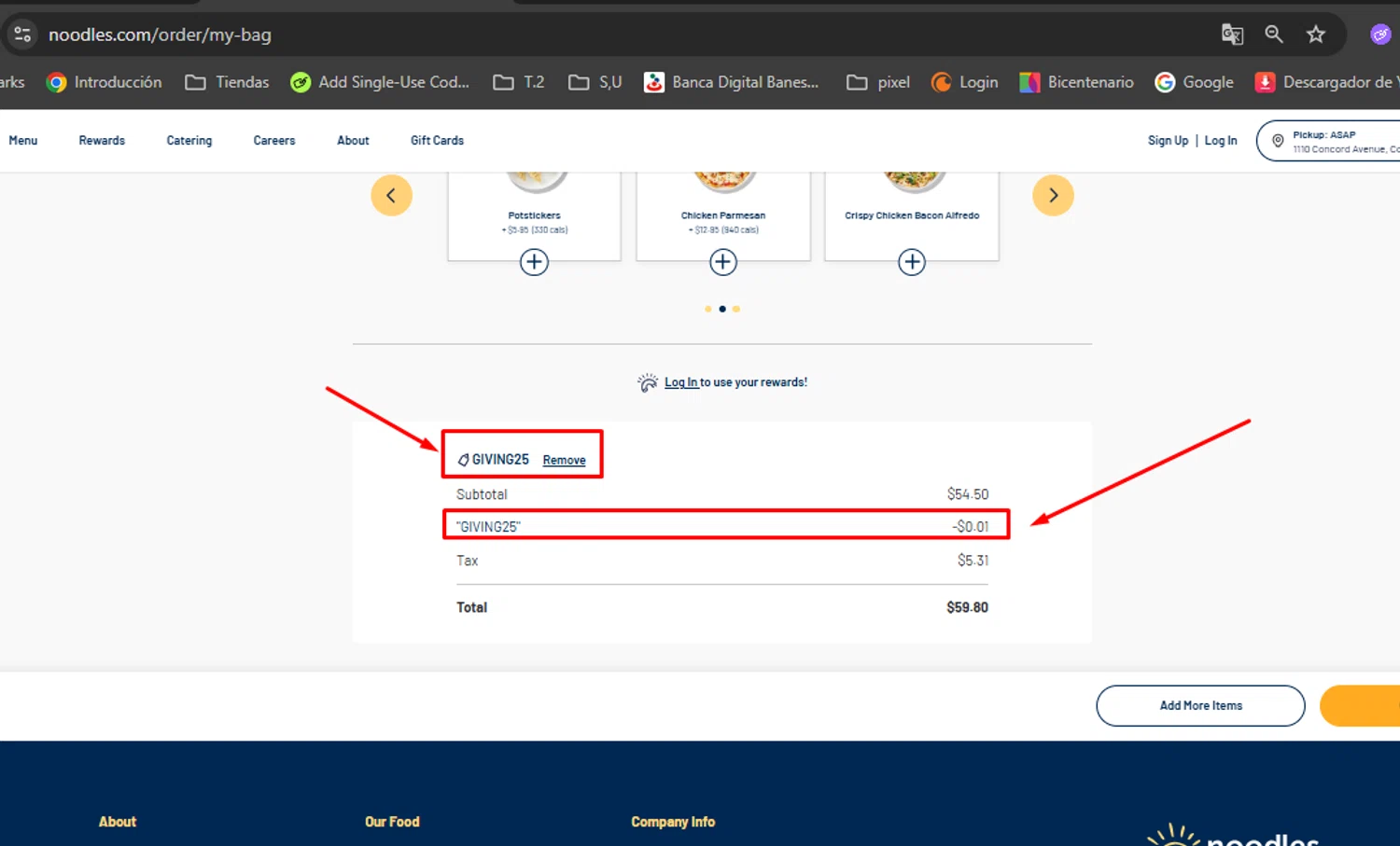 Noodles & Company coupon code screenshot showing code GIVING25 applied at Noodles & Company checkout page. Uploaded by SimplyCodes community member mirthaladino on Oct 8, 2025