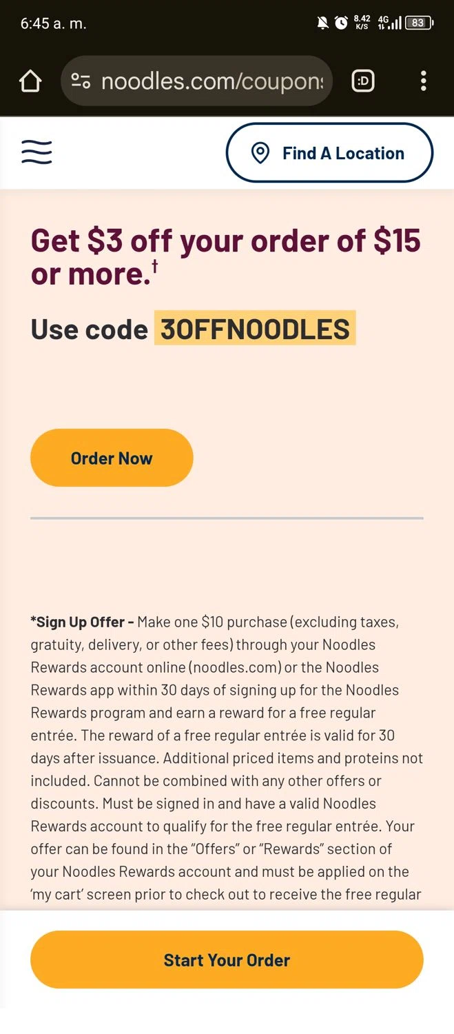 Noodles & Company coupon code screenshot showing code 3OFFNOODLES applied at Noodles & Company checkout page. Uploaded by SimplyCodes community member ITSO1676764508225 on Nov 19, 2025