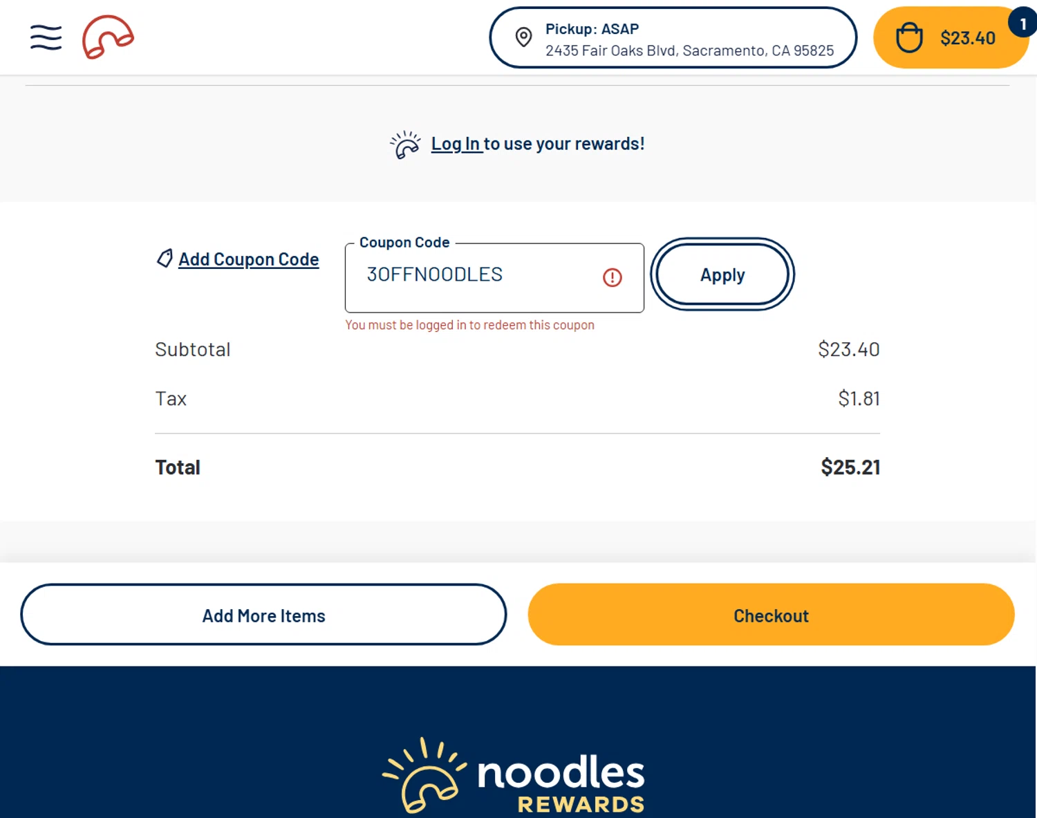 Noodles & Company checkout page showing Noodles & Company coupon code box | Screenshot taken by SimplyCodes community member on Oct 21, 2025
