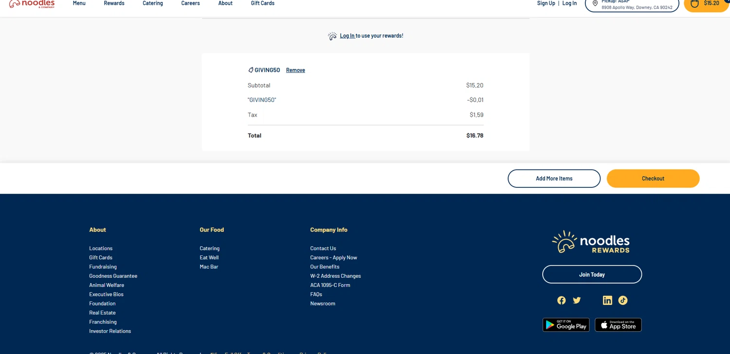 Noodles & Company coupon code screenshot showing code GIVING50 applied at Noodles & Company checkout page. Uploaded by SimplyCodes community member Elosox on Sep 22, 2025