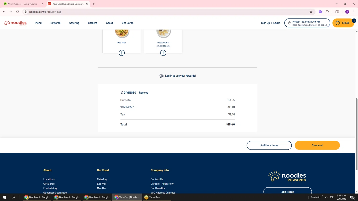 Noodles & Company coupon code screenshot showing code GIVING50 applied at Noodles & Company checkout page. Uploaded by SimplyCodes community member ukemochi on Sep 2, 2025