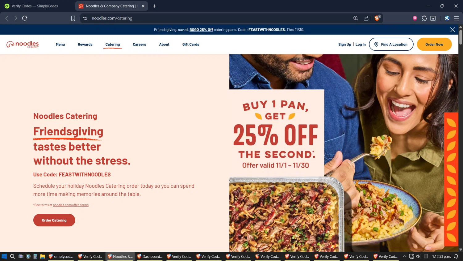 Noodles & Company coupon code screenshot showing code FEASTWITHNOODLES applied at Noodles & Company checkout page. Uploaded by SimplyCodes community member Jgomez on Nov 18, 2025